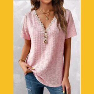 Dusty Rose Short Sleeve Lace Trim T Shirt Top